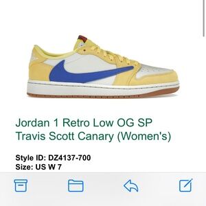 BRAND NEW Jordan 1 Retro OG Travis Scott Canary (Women’s)
